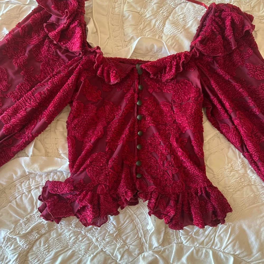 Anthropologie Raspberry Red Ruffled Burnout Blouse